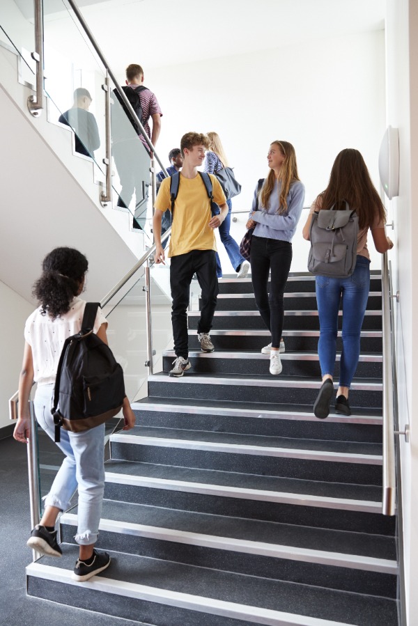 Image of kids walking up and down the stairs in a school