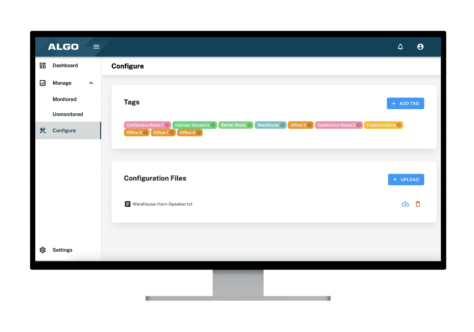 Image of Algo Device Management Platform (ADMP) which is an endpoint configuration manager where you can upload config files and add tags for desired locations