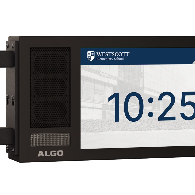 Image of Algo 8420 dual-sided display speaker with time of 10:25am.