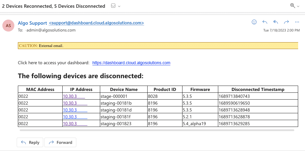 ADMP Reconnect devices notification email