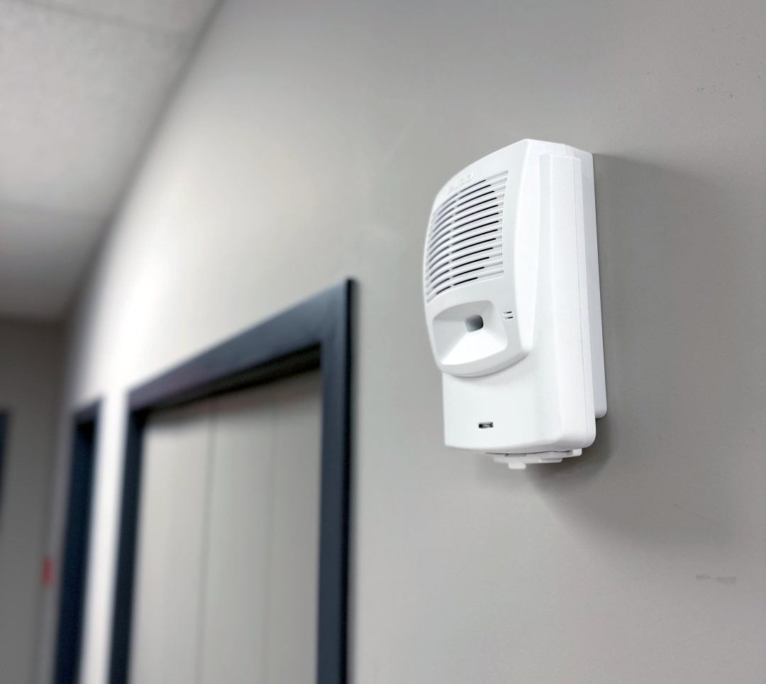 Image of Algo 8180 Audio Alerter mounted on a wall in a hallway for loud ringing.