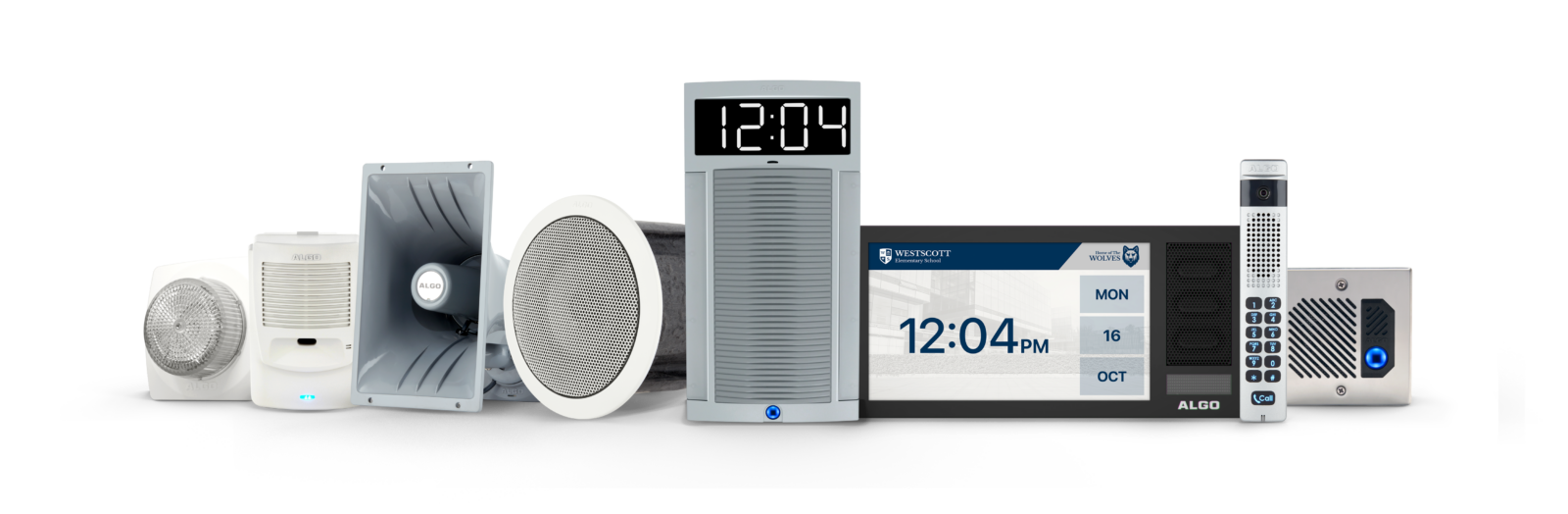 Une illustration des terminaux Algo IP, comprenant des dispositifs d'alerte visuelle, des dispositifs d'alerte sonore, des haut-parleurs à sirène, des haut-parleurs de plafond, des haut-parleurs avec horloge, des haut-parleurs avec écran et des interphones.
