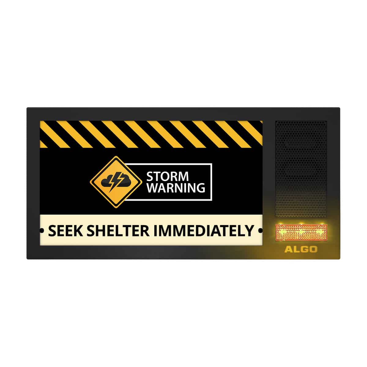 Algo 8410 IP Display Speaker for emergency notification displaying the message: storm warning, seek shelter immediately